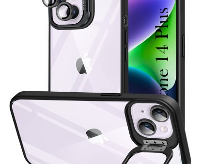 For Apple iPhone 14 Plus Back Cover Case (Camera Lens Glass | Metal Stand Holder | Shockproof Hybrid | Anti Yellow | Black) For Cheap